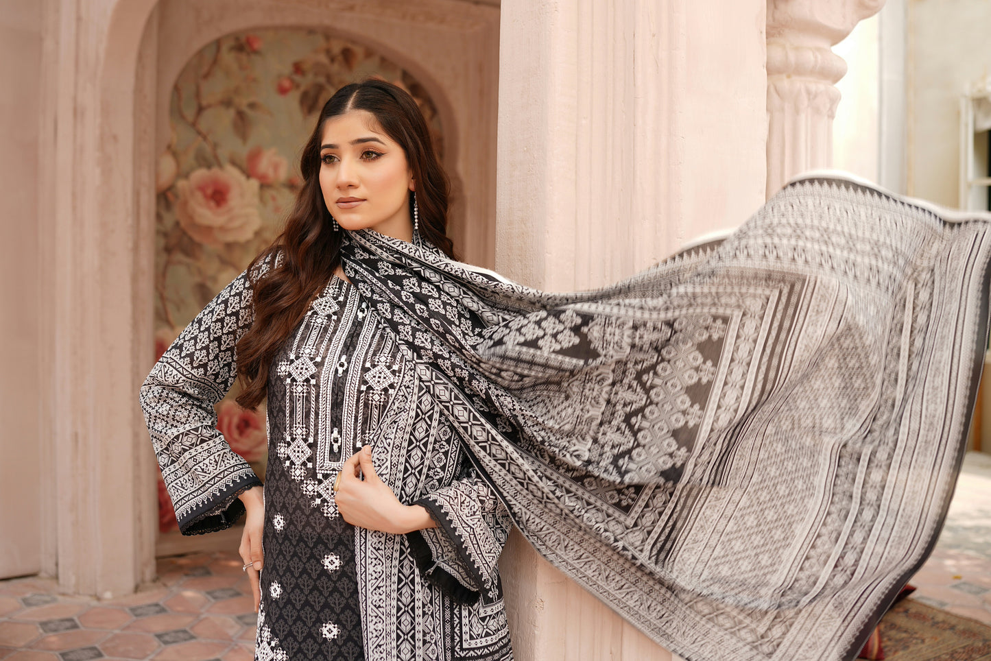 3 Piece Embroidered Lawn Suit-Stitched