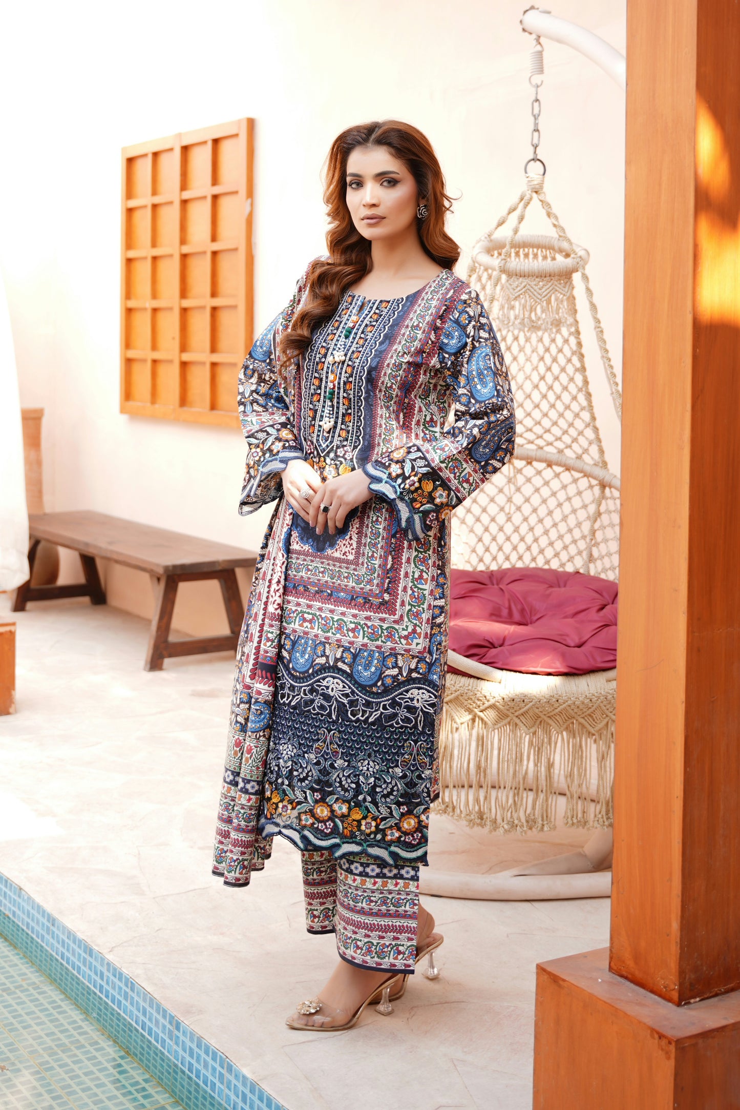 3 Piece Embroidered Bana Dora Suit-Stitched