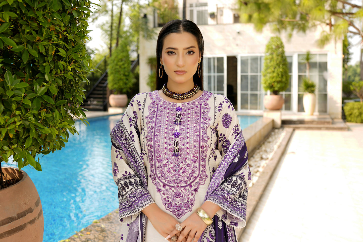 Stitched 3 Piece Cambric Cotton Suit-Embroidered