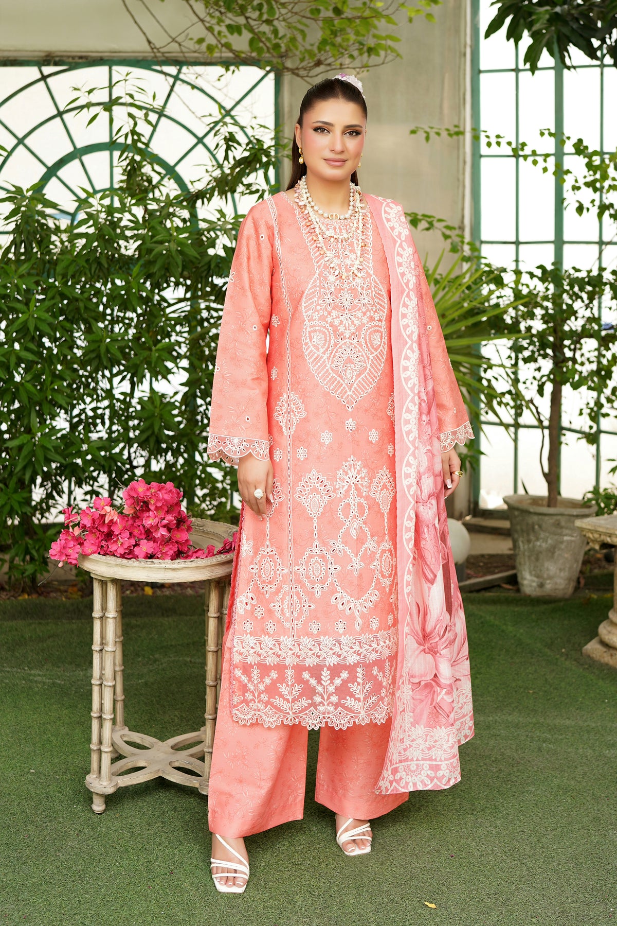 3-Piece Peach Embroidered Suit-Winter Corduroy