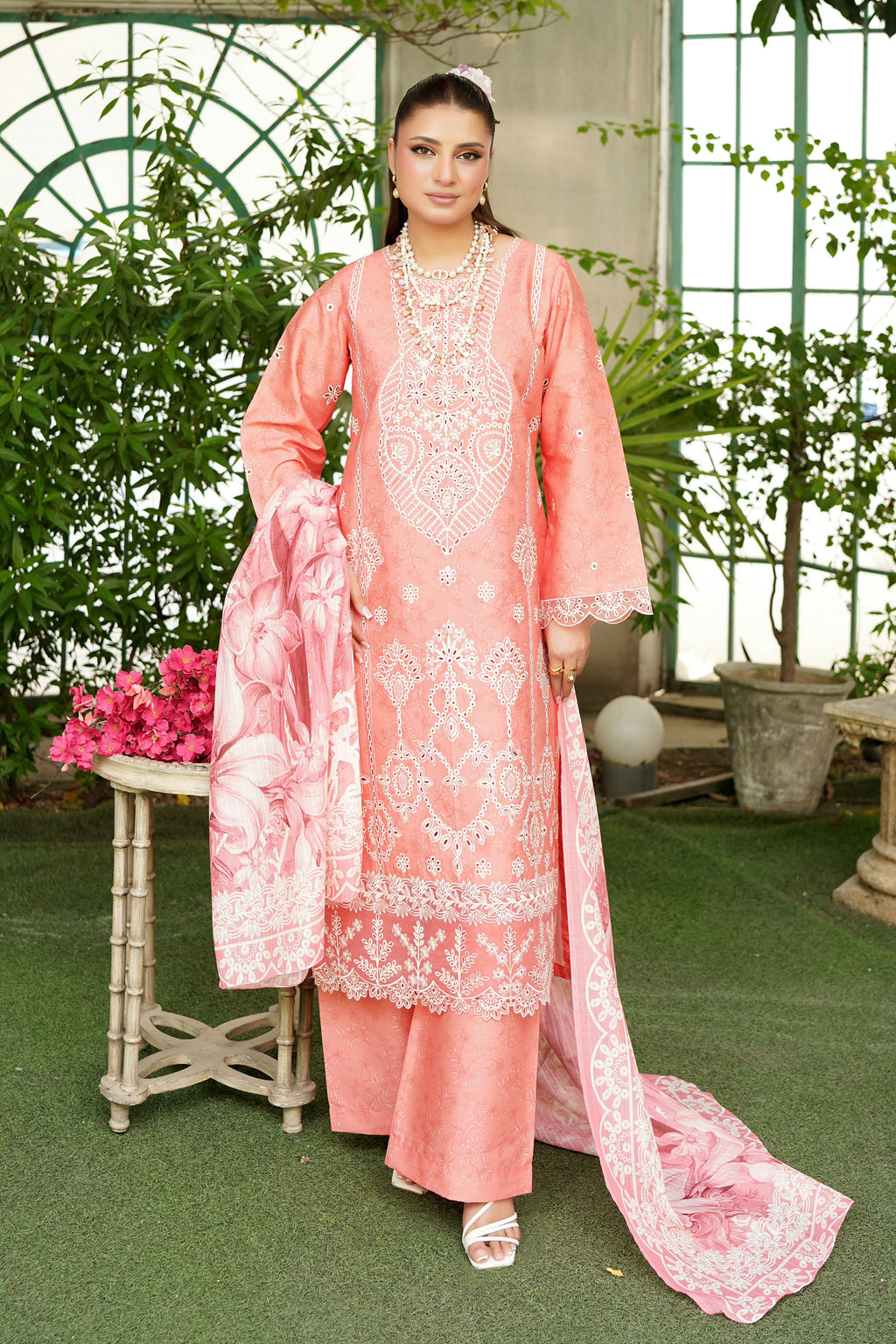 3-Piece Peach Embroidered Suit-Winter Corduroy