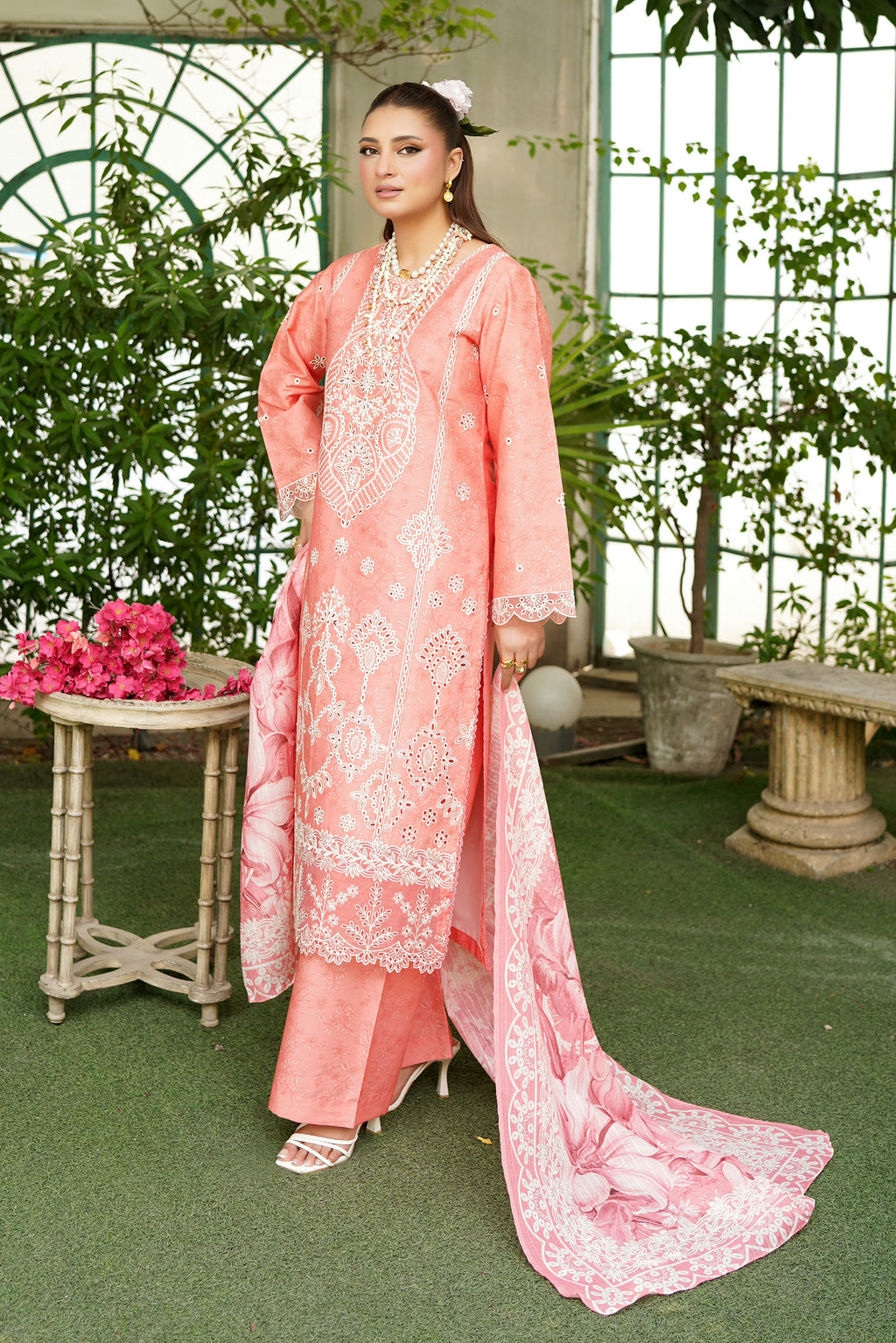 3-Piece Peach Embroidered Suit-Winter Corduroy