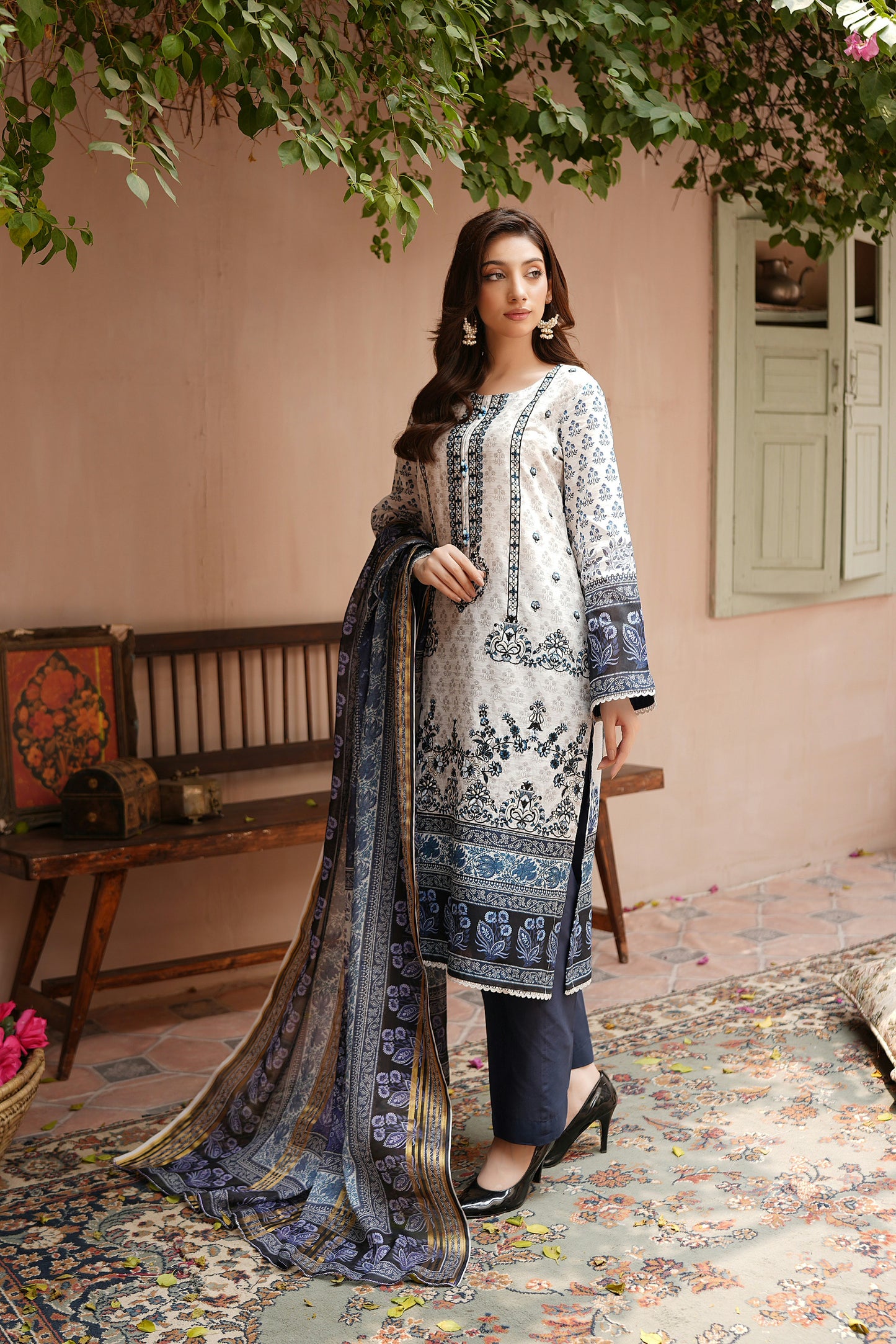 Stitched Embroidered Lawn Suit-3 Piece
