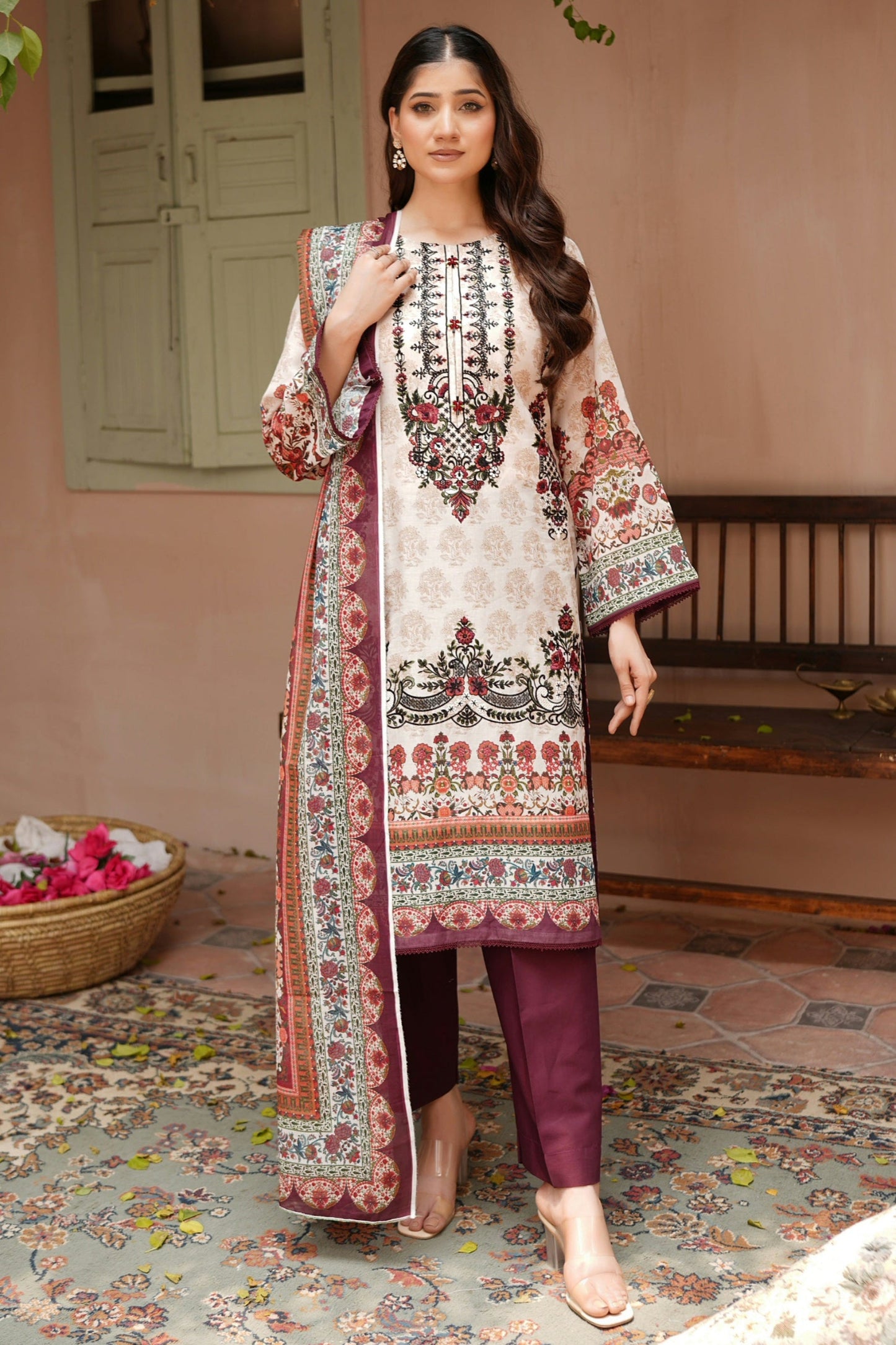 3 Piece Embroidered Lawn Suit-Stitched