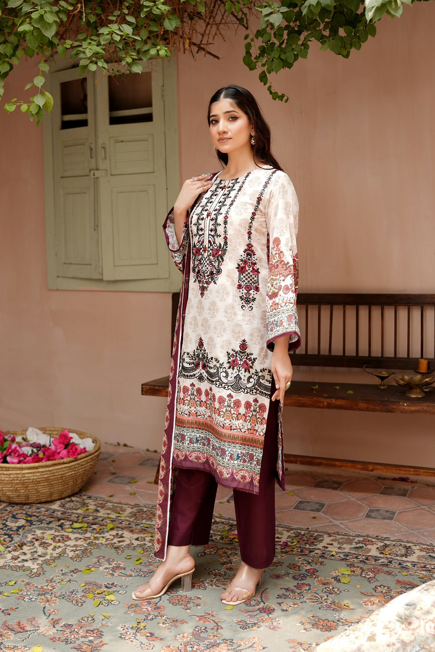 3 Piece Embroidered Lawn Suit-Stitched