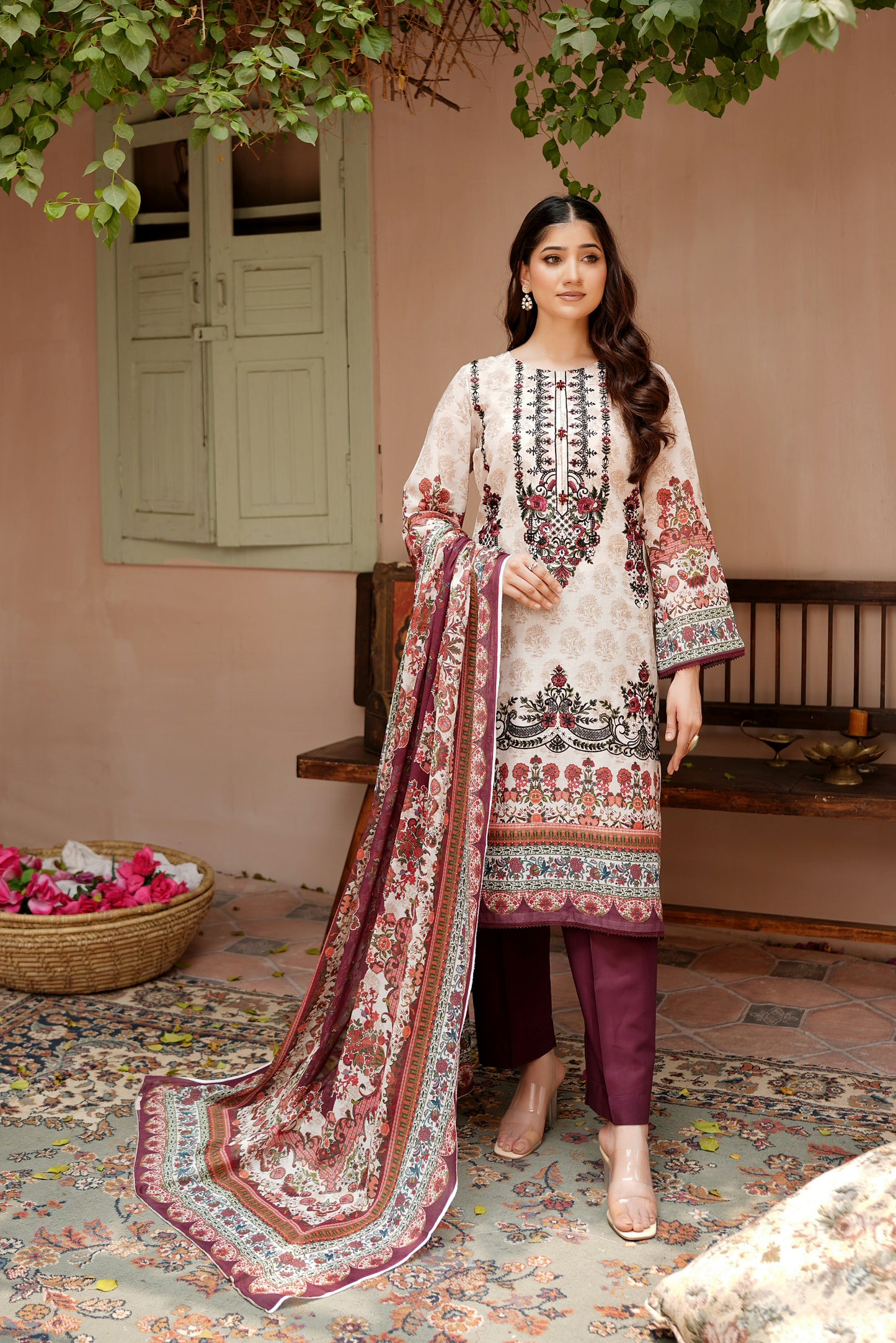3 Piece Embroidered Lawn Suit-Stitched