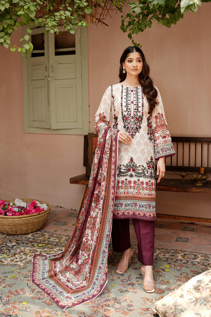 3 Piece Embroidered Lawn Suit-Stitched