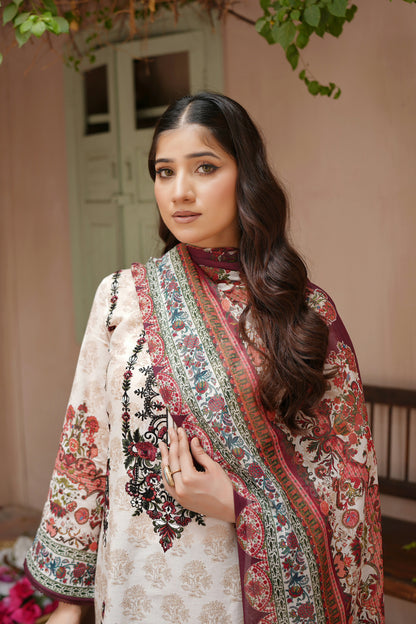 3 Piece Embroidered Lawn Suit-Stitched