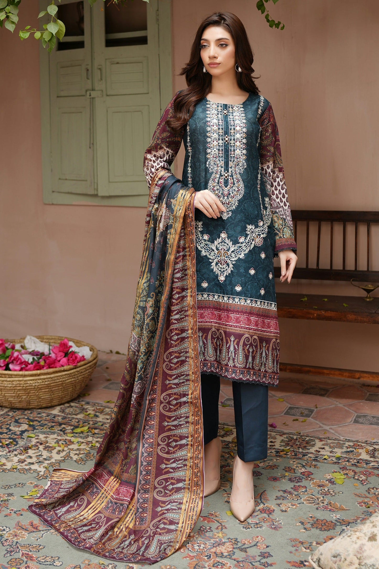 Stitched Embroidered Lawn Suit-3 Piece