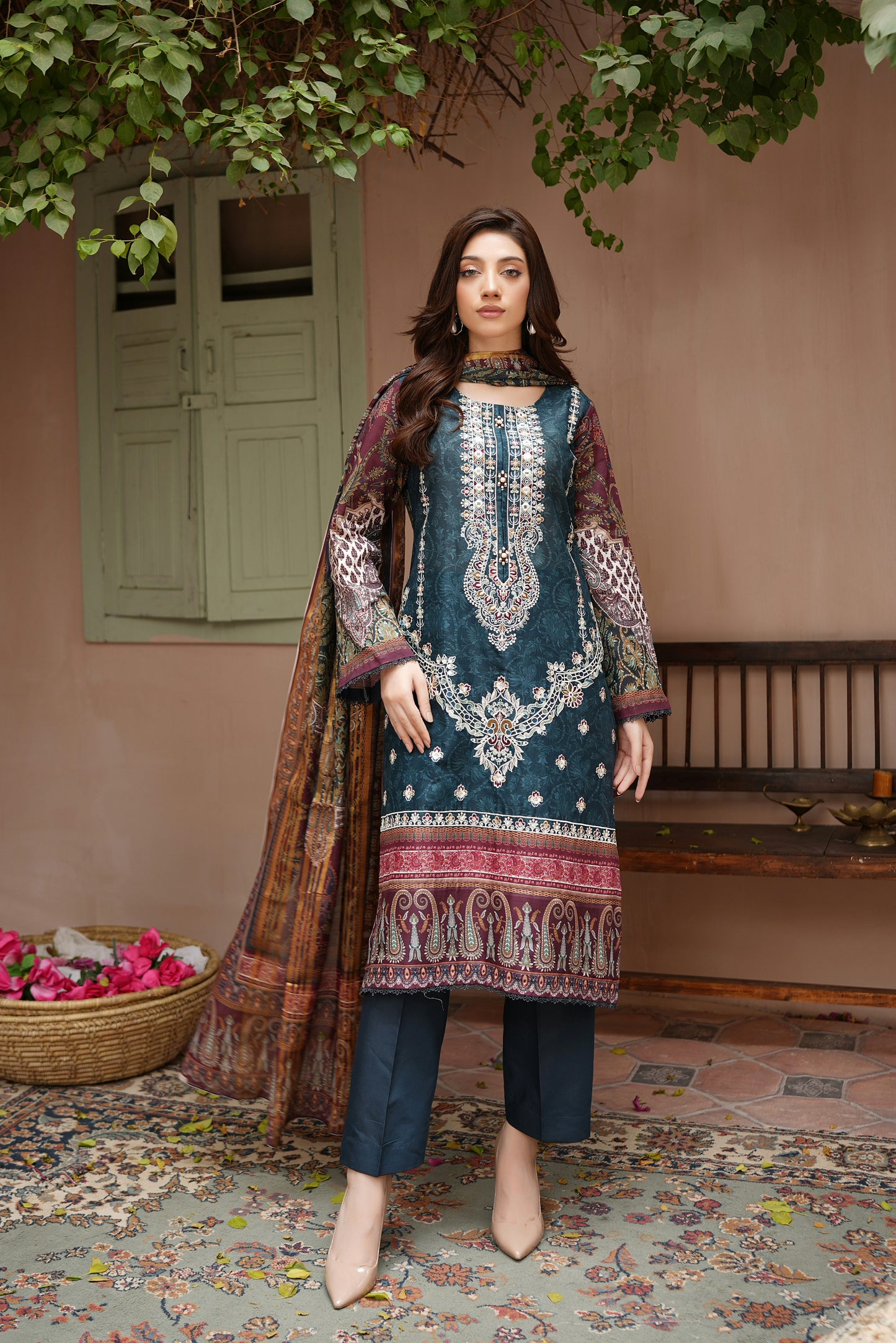 Stitched Embroidered Lawn Suit-3 Piece