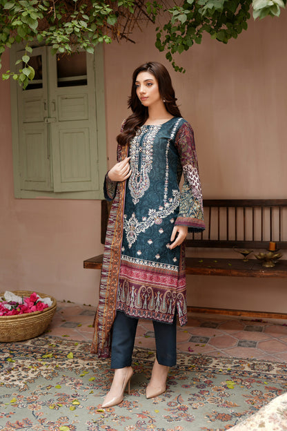 Stitched Embroidered Lawn Suit-3 Piece