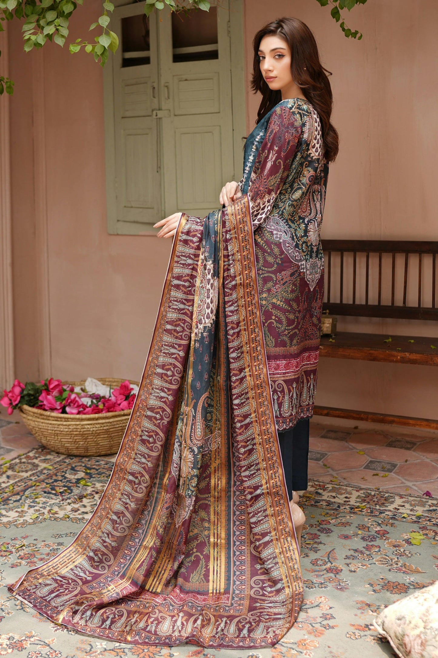Stitched Embroidered Lawn Suit-3 Piece