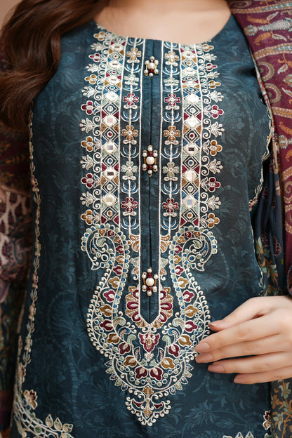 Stitched Embroidered Lawn Suit-3 Piece