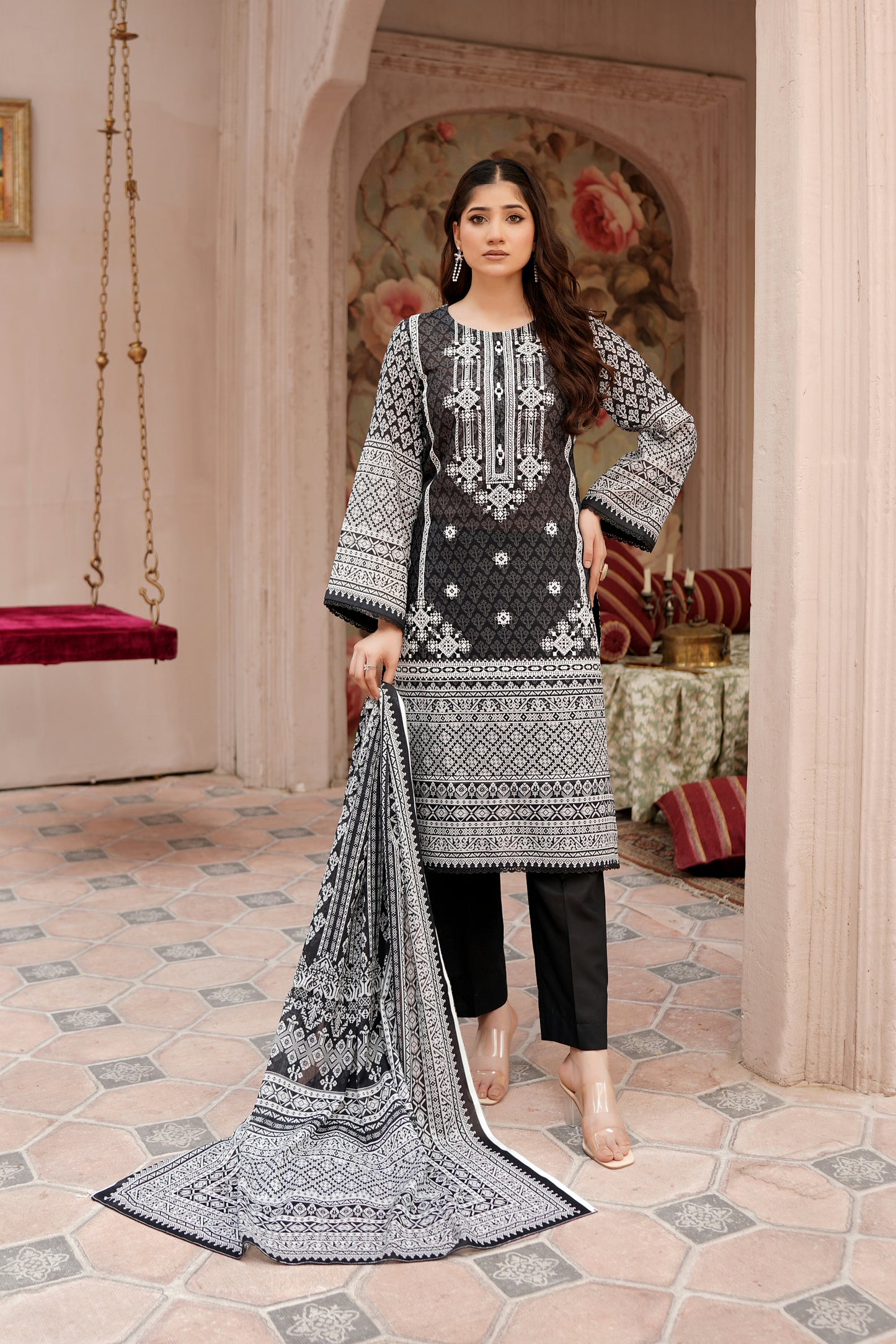 3 Piece Embroidered Lawn Suit-Stitched