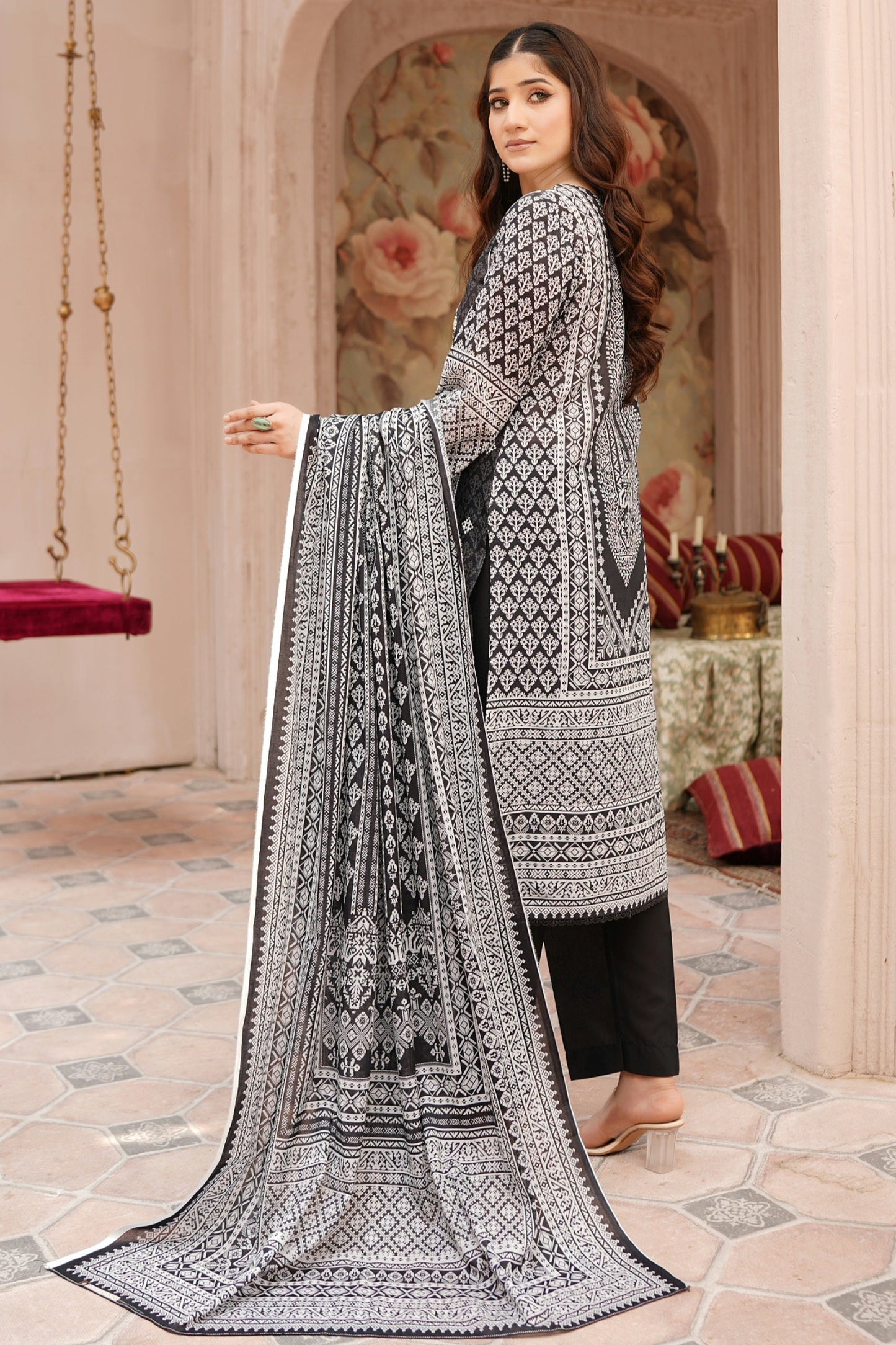 3 Piece Embroidered Lawn Suit-Stitched