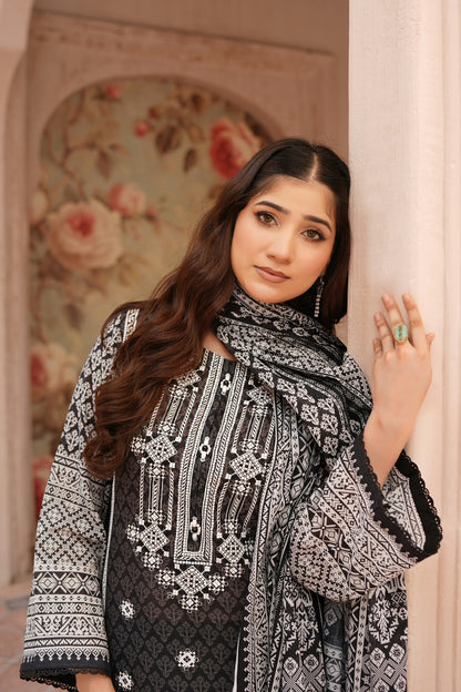 3 Piece Embroidered Lawn Suit-Stitched