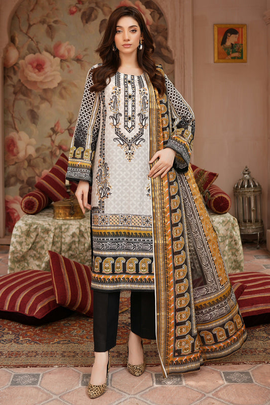 Stitched Embroidered Lawn Suit-3 Piece