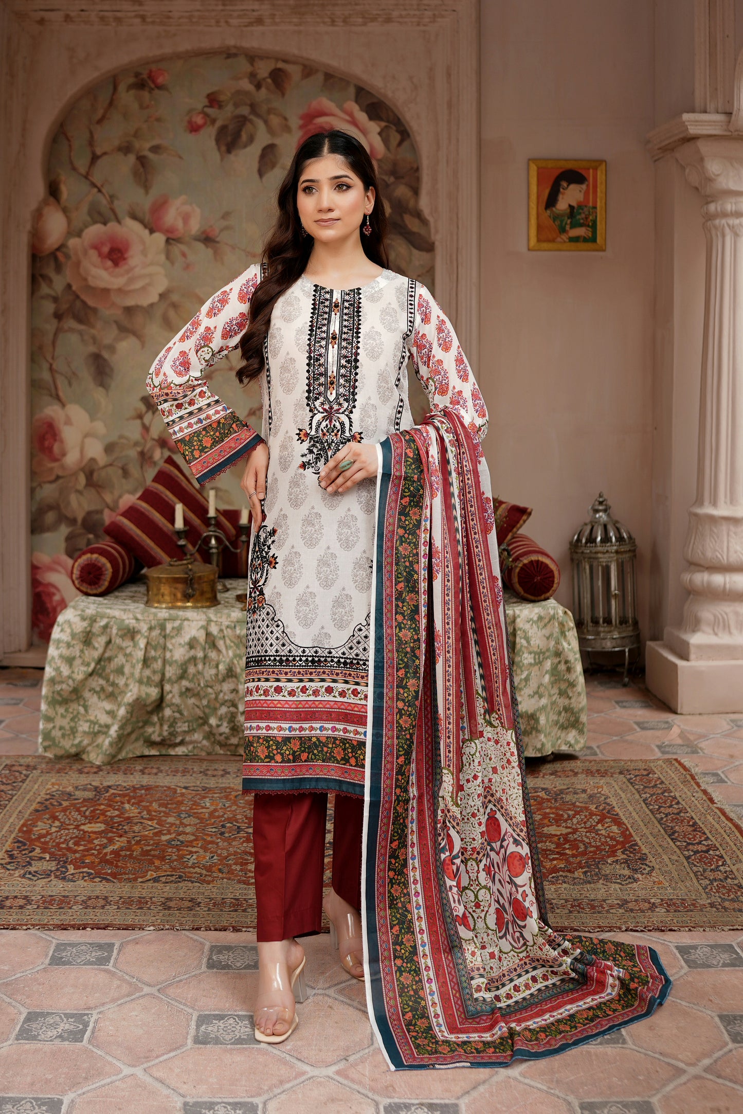3 Piece Embroidered Lawn Suit-Stitched