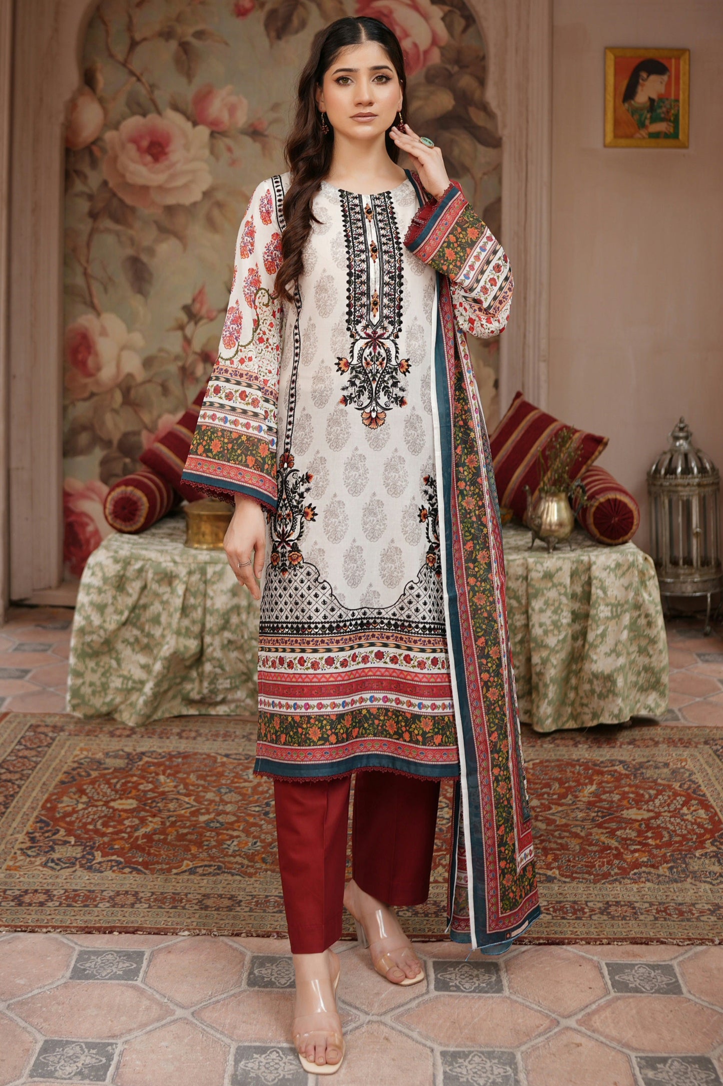 3 Piece Embroidered Lawn Suit-Stitched