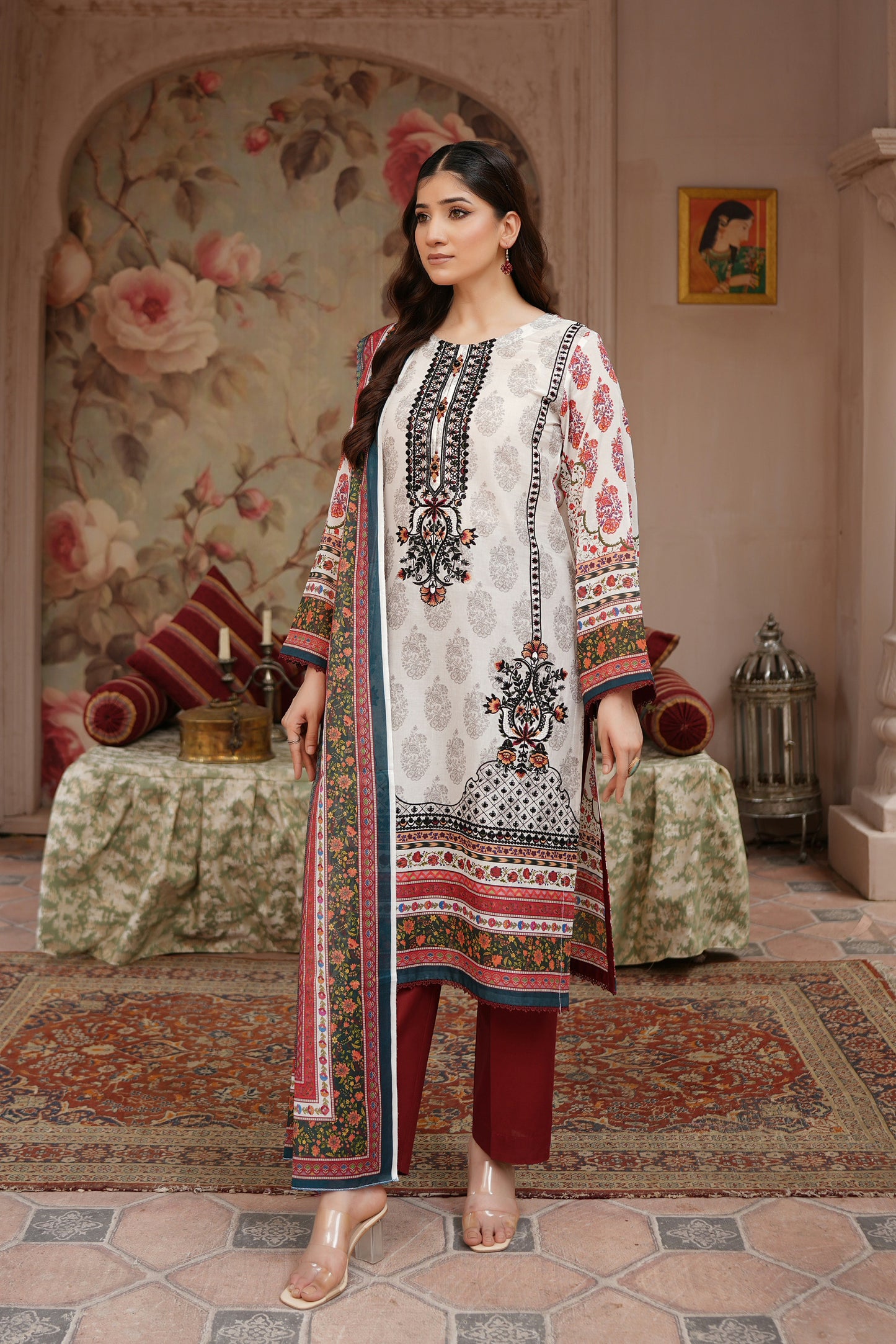 3 Piece Embroidered Lawn Suit-Stitched
