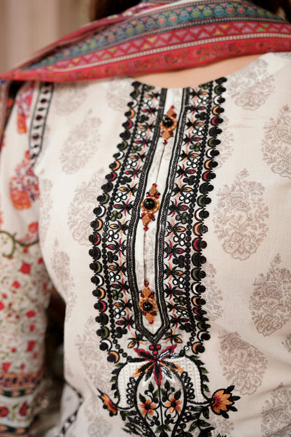 3 Piece Embroidered Lawn Suit-Stitched