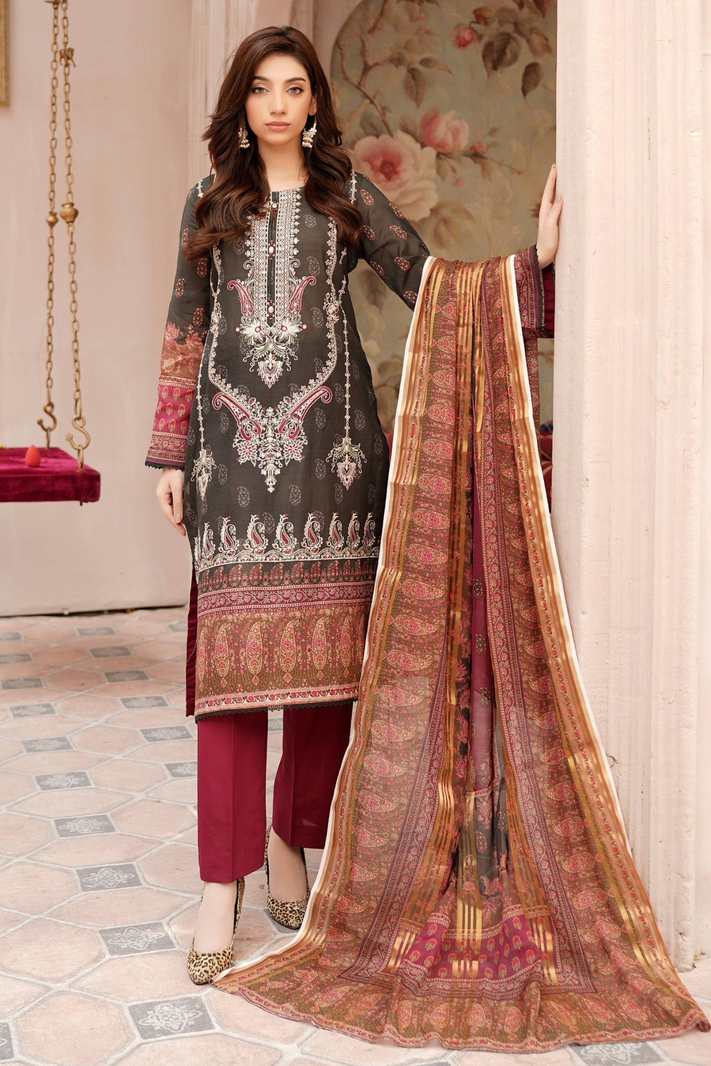 Stitched Embroidered Lawn Suit-3 Piece