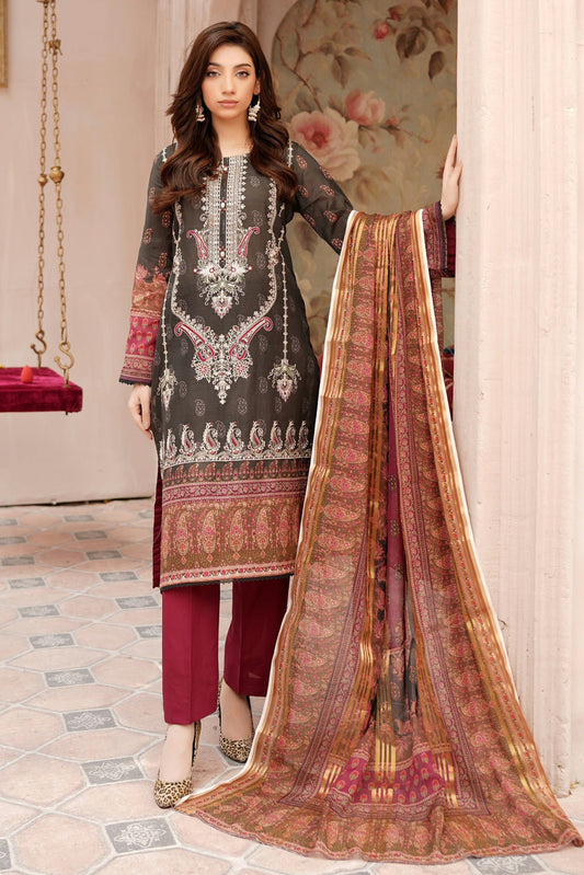 Stitched Embroidered Lawn Suit-3 Piece