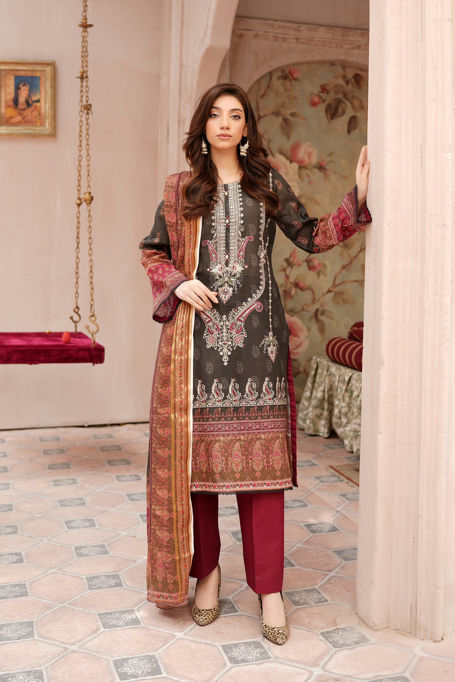 Stitched Embroidered Lawn Suit-3 Piece