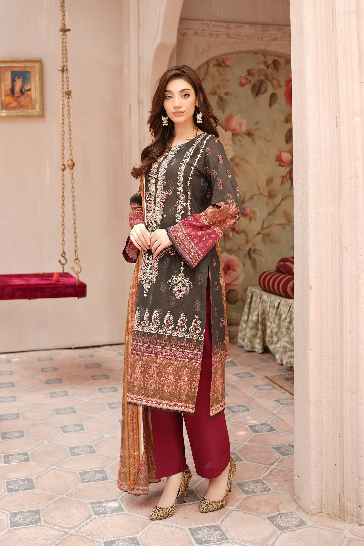 Stitched Embroidered Lawn Suit-3 Piece