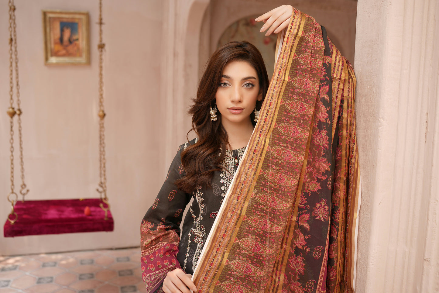 Stitched Embroidered Lawn Suit-3 Piece