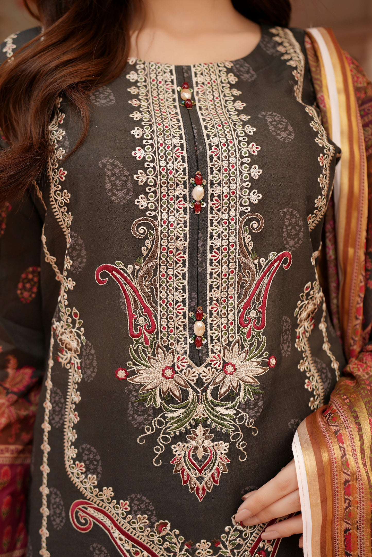 Stitched Embroidered Lawn Suit-3 Piece