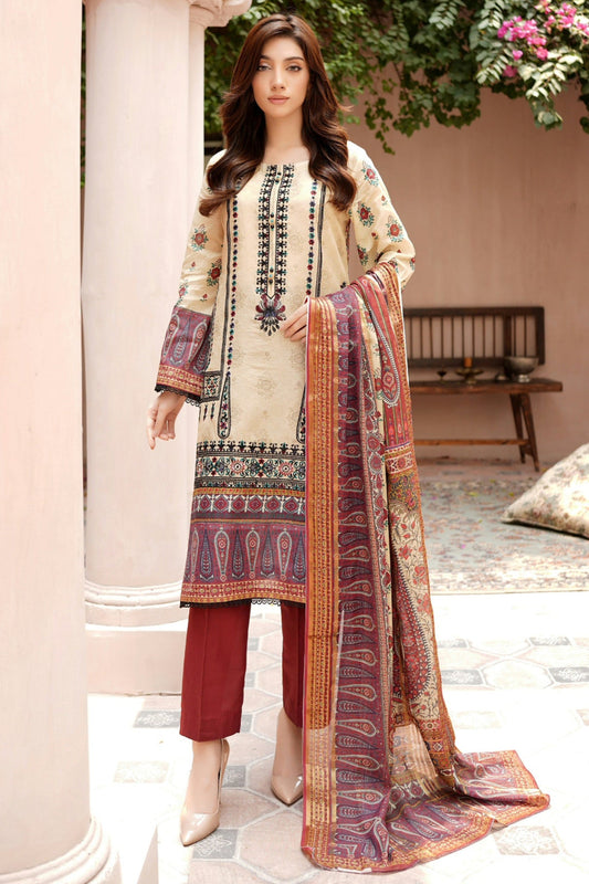 Stitched Embroidered Lawn Suit-3 Piece