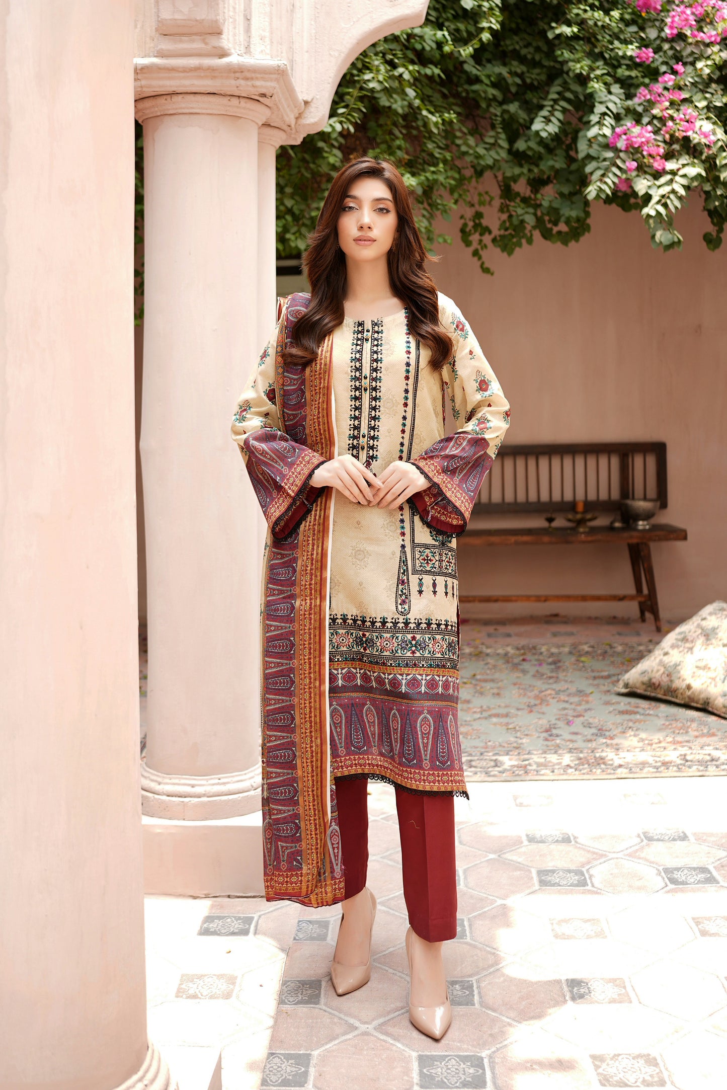 Stitched Embroidered Lawn Suit-3 Piece