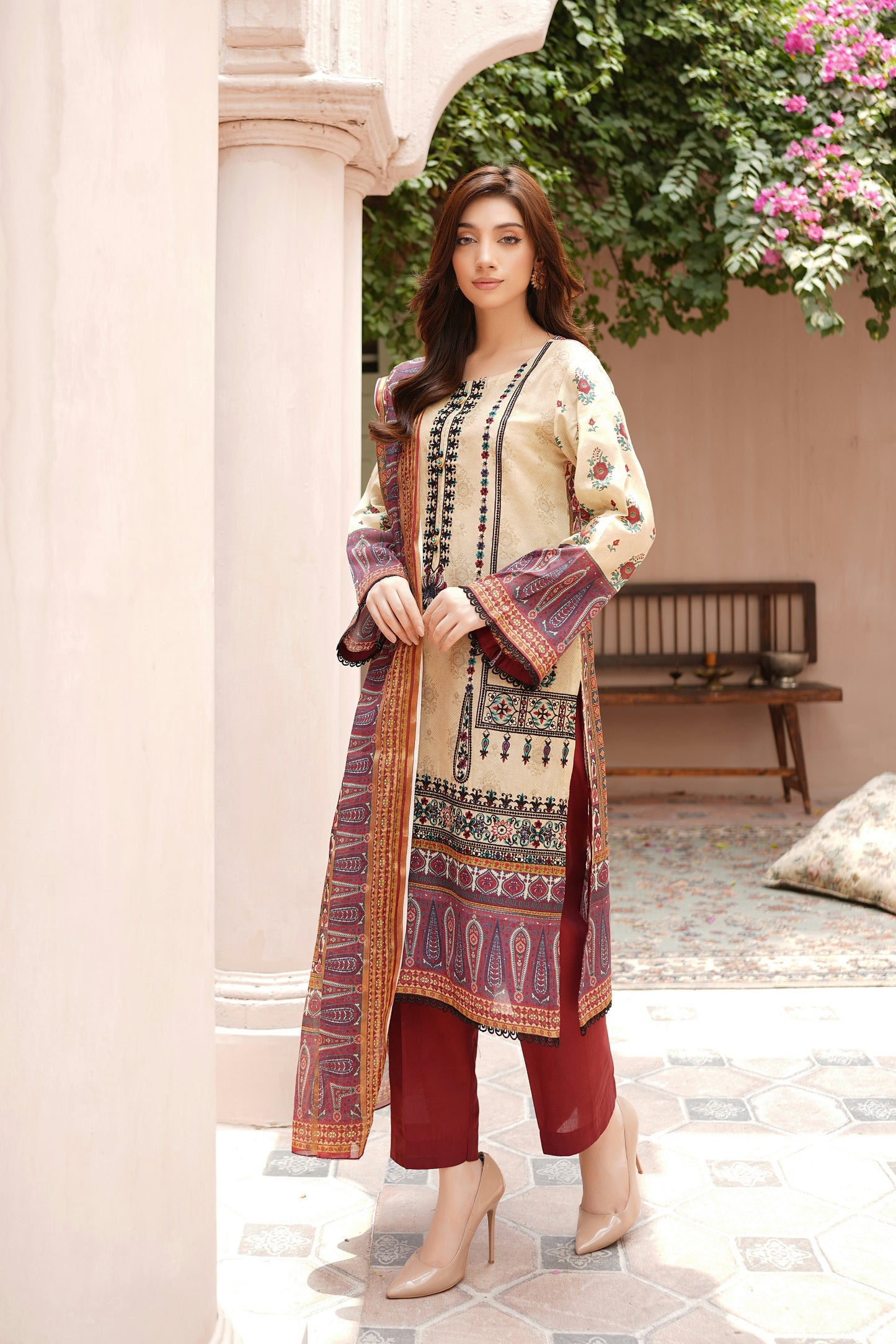 Stitched Embroidered Lawn Suit-3 Piece