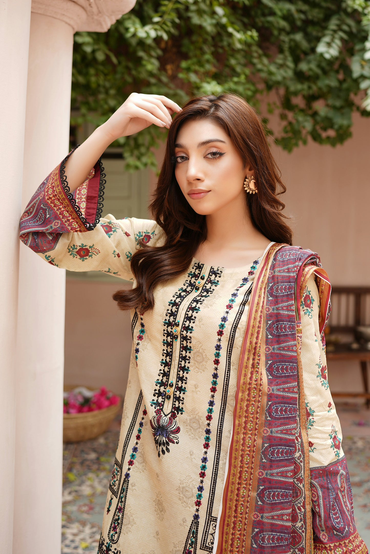 Stitched Embroidered Lawn Suit-3 Piece