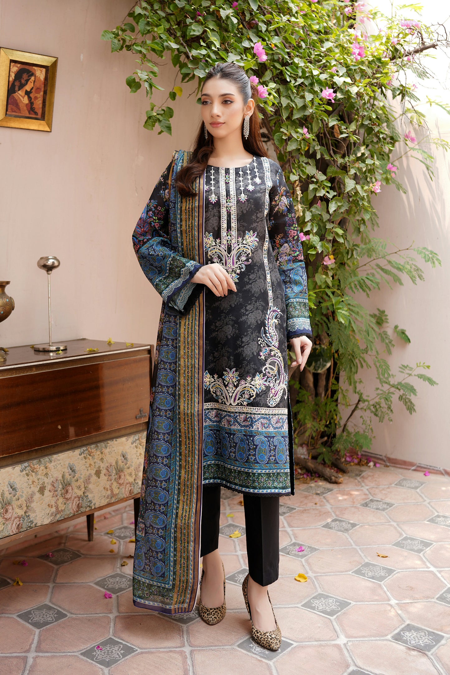 Stitched Embroidered Lawn Suit-3 Piece