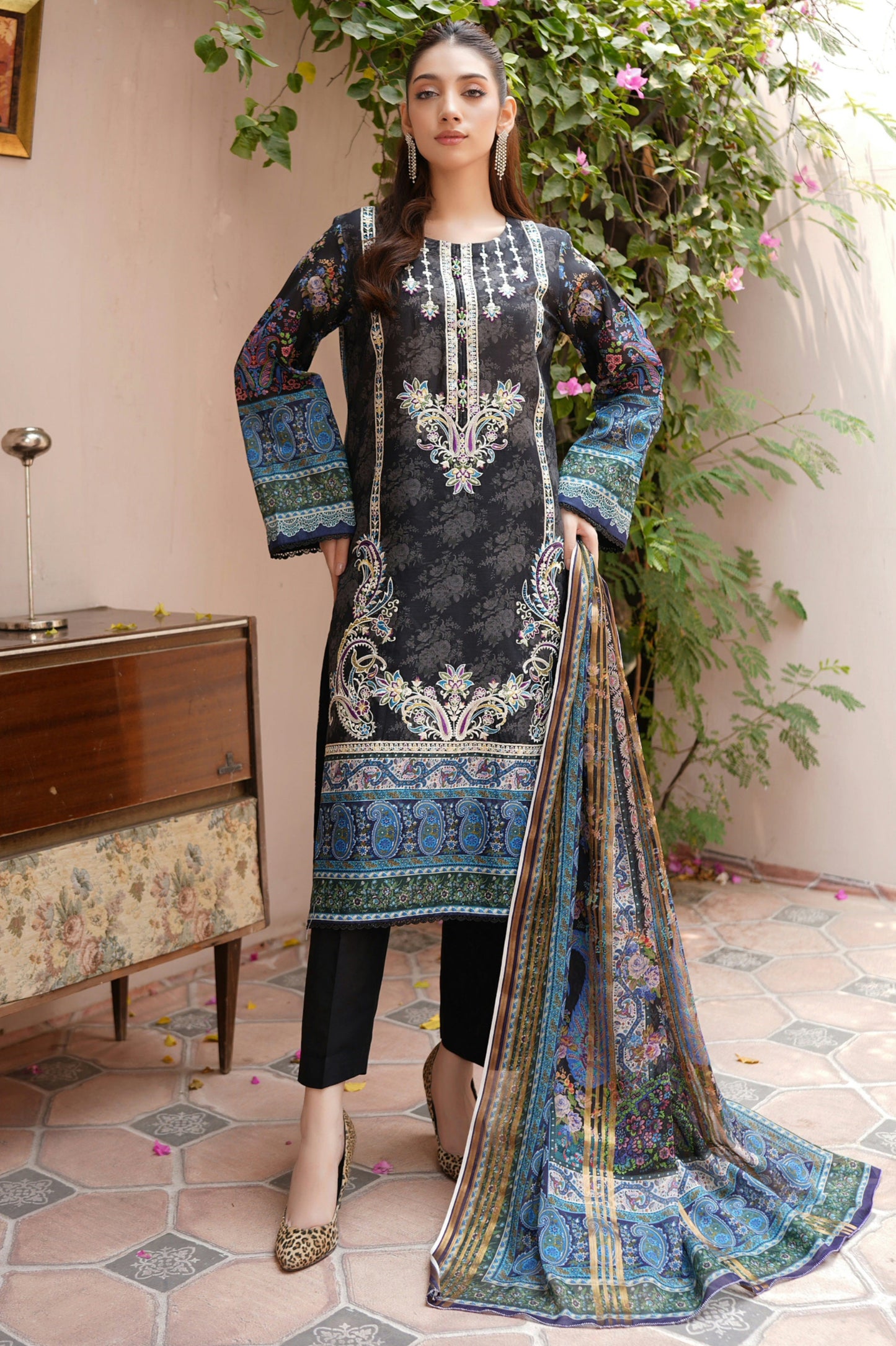 Stitched Embroidered Lawn Suit-3 Piece