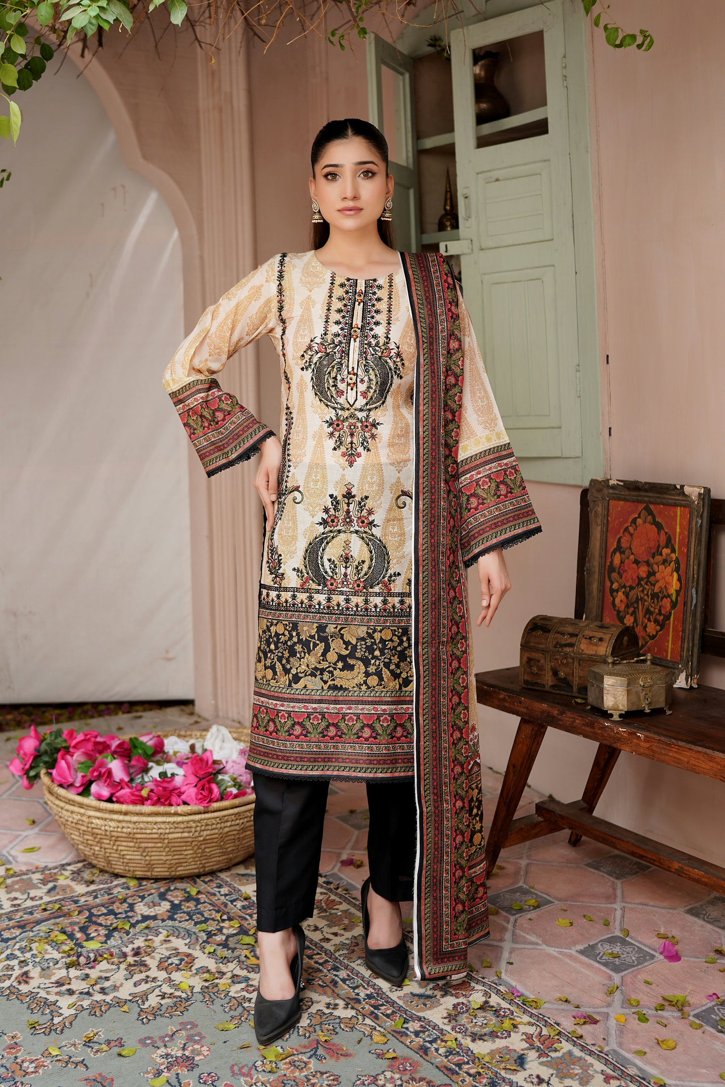 3 Piece Embroidered Lawn Suit-Stitched