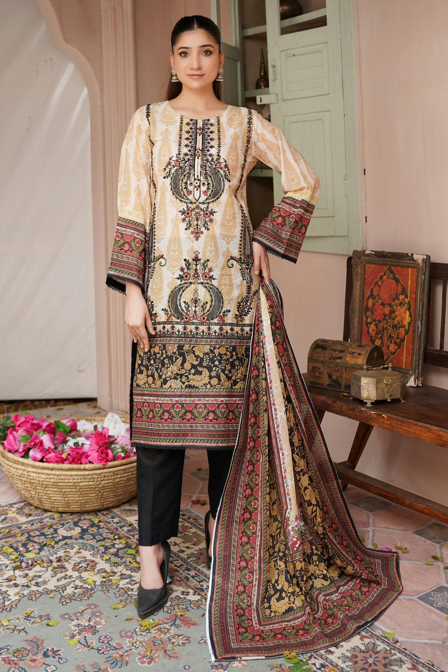 3 Piece Embroidered Lawn Suit-Stitched