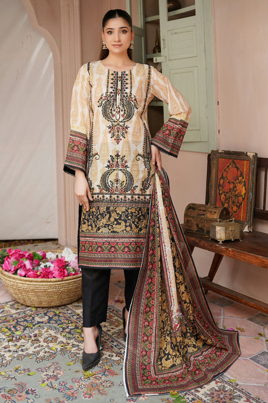 3 Piece Embroidered Lawn Suit-Stitched