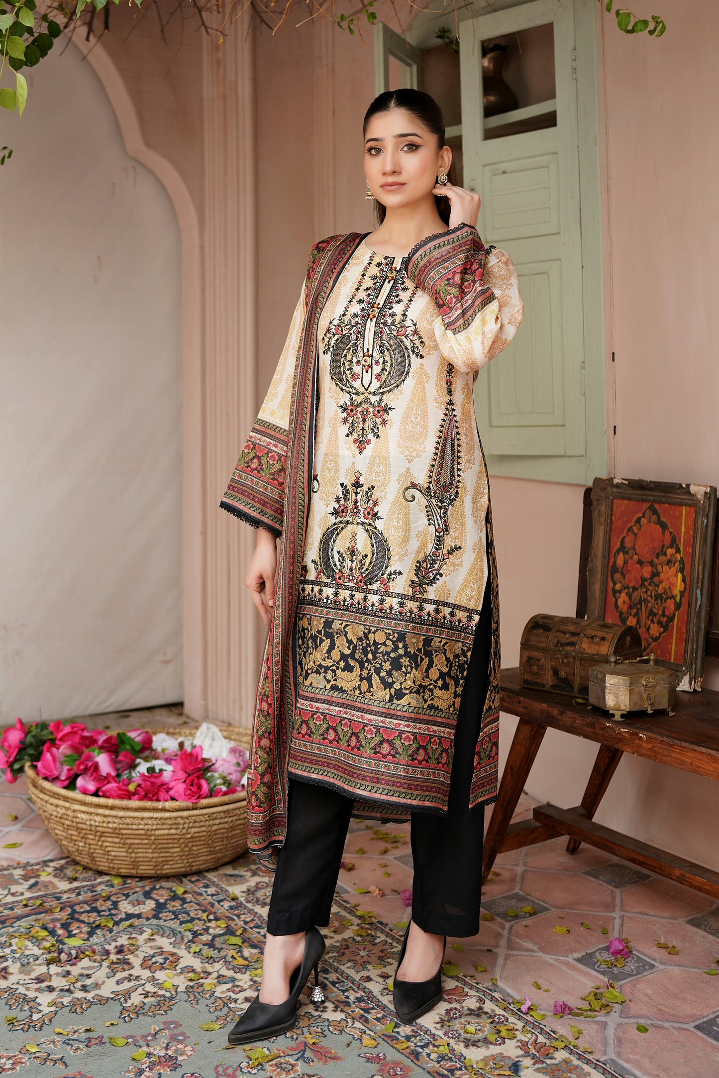 3 Piece Embroidered Lawn Suit-Stitched