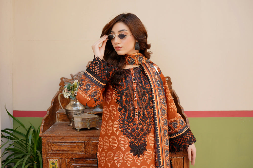 3 Piece Cotton Lawn Suit Stitched-Embroidered