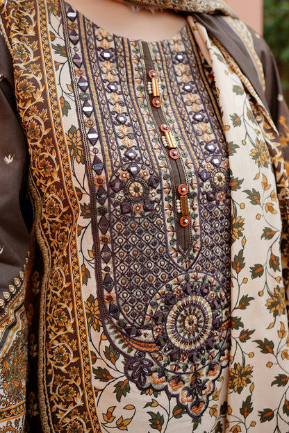 Embroidered 3 Piece Khaddar Suit-Stitched