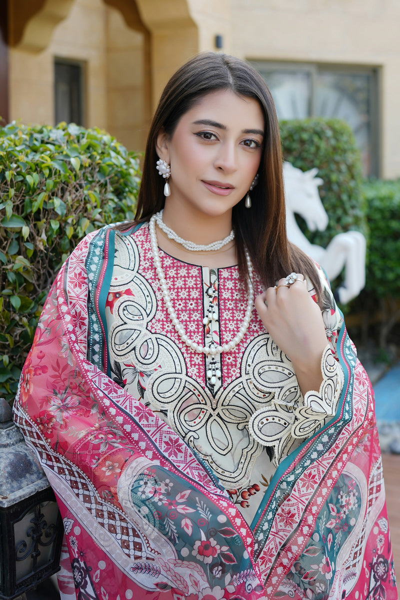 Embroidered 3 Piece Suite-Chiffon Dupatta