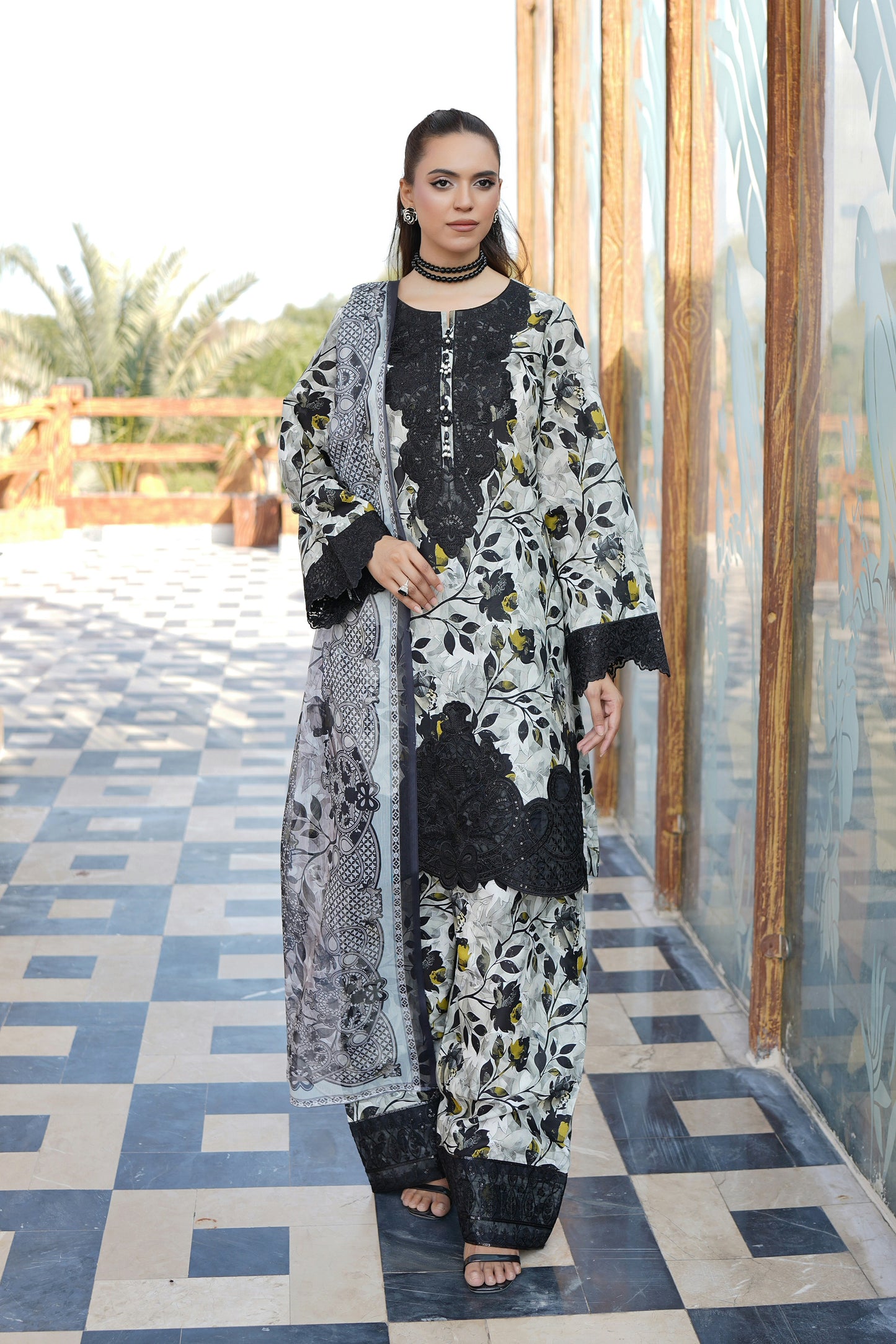 Embroidered 3 Piece Suite-Farshi Shalwar