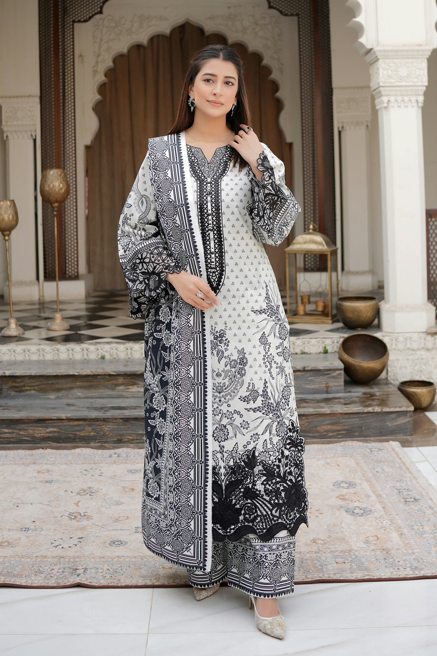 Stitched 3 Piece Cambric Cotton Suit-Embroidered
