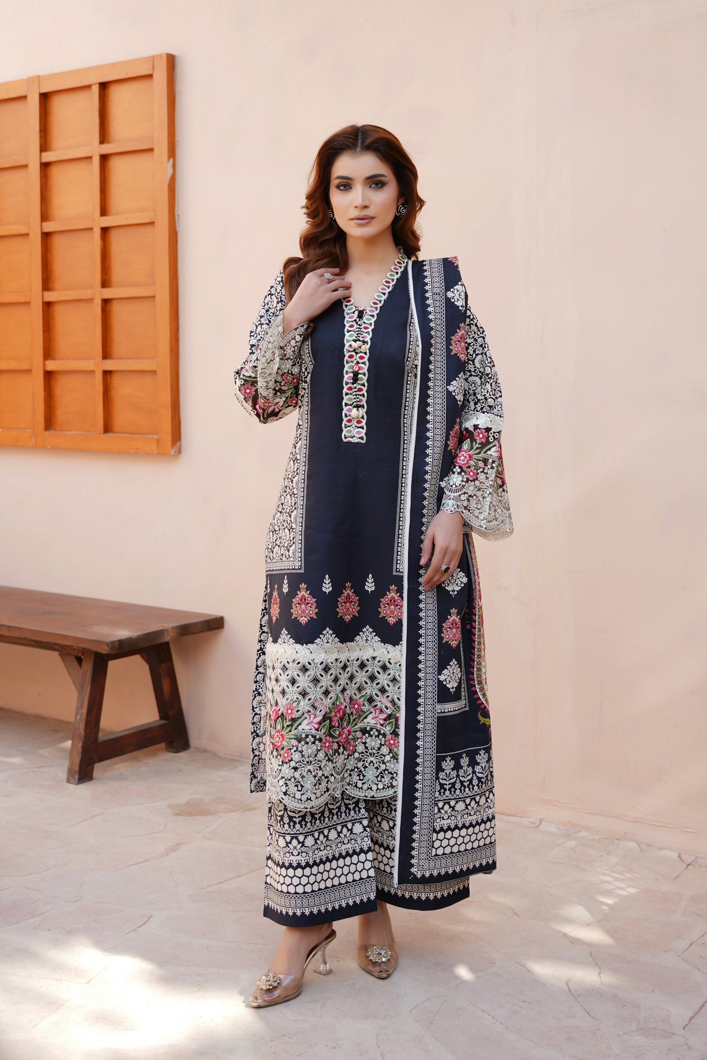 3 Piece Embroidered Bana Dora Suit-Stitched