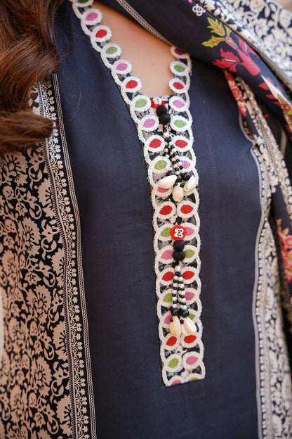 3 Piece Embroidered Bana Dora Suit-Stitched