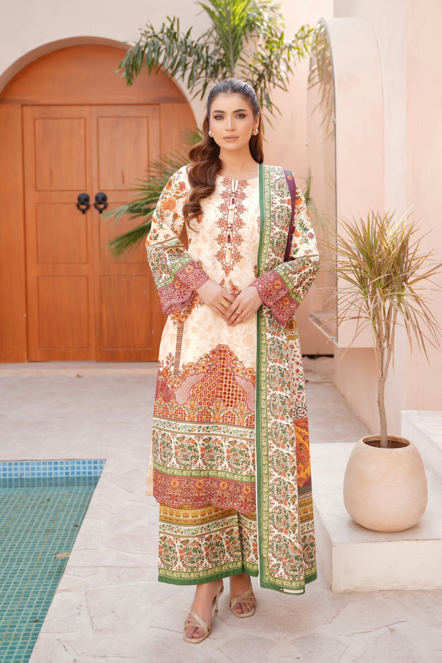 3 Piece Embroidered Bana Dora Suit-Stitched