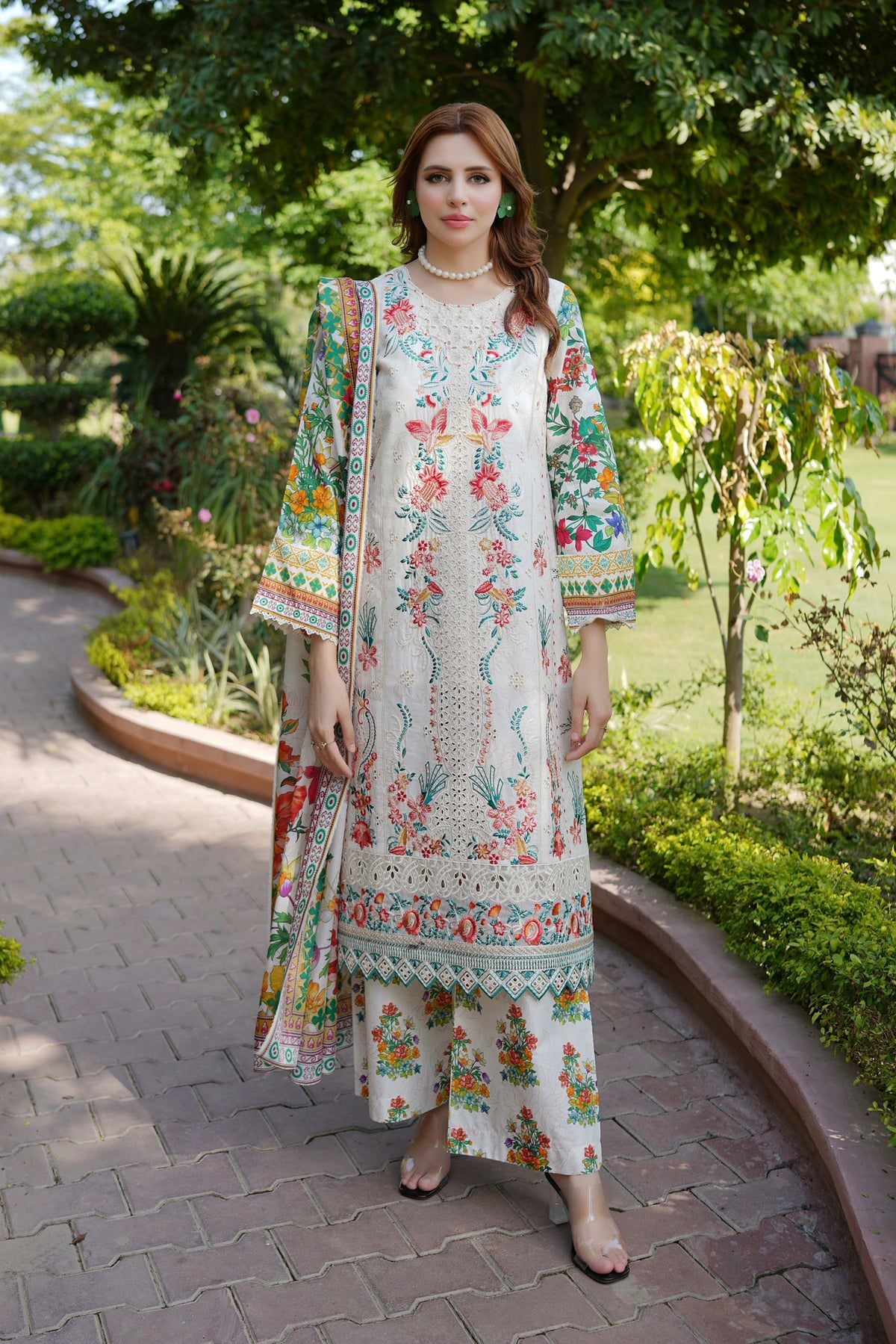 Ivory Blossom Embroidered Suit-3 Piece
